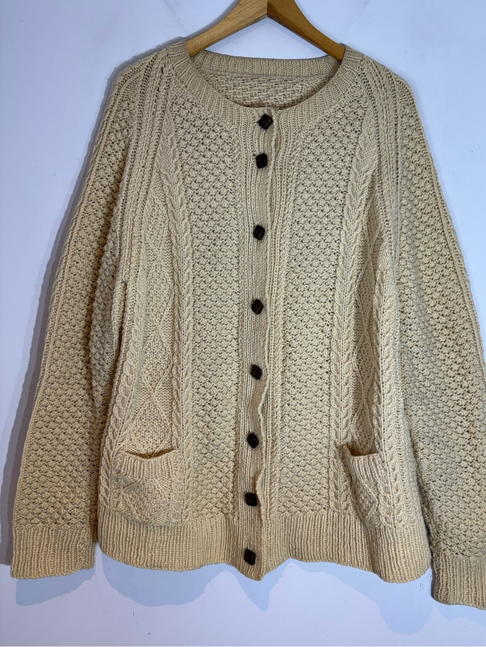 Vintage Wool Fisherman Cable Knit Cardigan Sweater XL Cream - Picture 2 of 10